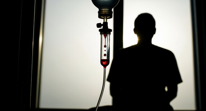 IV drip with red fluid in hospital room with patient silhouette. Medical therapy administered to person by window. Healthcare treatment concept for clinical recovery and patient care.