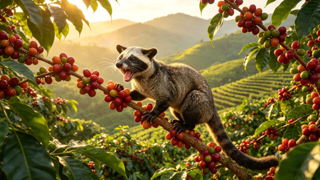 Asian palm civet on a branch surrounded by ripe red coffee cherries in a sunlit plantation. Represents premium Kopi Luwak production and specialty coffee harvest in nature.