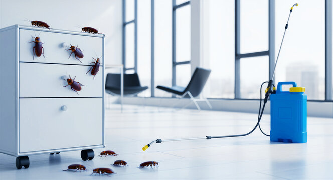 Cockroaches crawling on office furniture and floor. Pesticide sprayer equipment ready for treatment in a modern workplace. Pest infestation concept for exterminator services and hygiene ads.