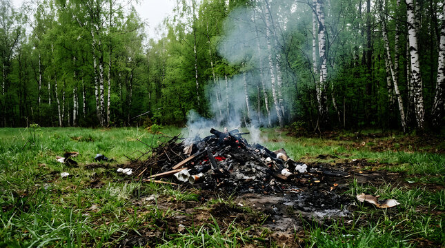 Destroyed military tank in a forest clearing, rusted and abandoned