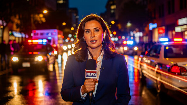 Female news reporter delivering a live broadcast on a city street at night. Journalist holding a microphone with blurred emergency vehicles. Breaking news concept for journalism and media usage.