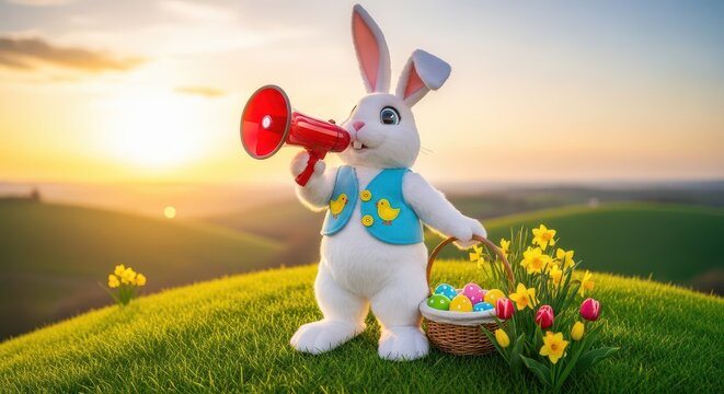 Cute Easter Bunny Playing Trumpet in Spring Field. Festive Animal Character Celebrating Holiday Outdoors
