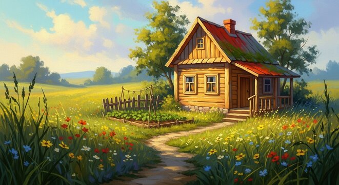 Idyllic countryside cottage in lush green landscape. Rustic home surrounded by nature and vibrant flowers.
