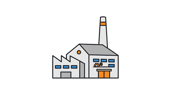 A cartoon illustration of a factory building with a chimney and industrial design
