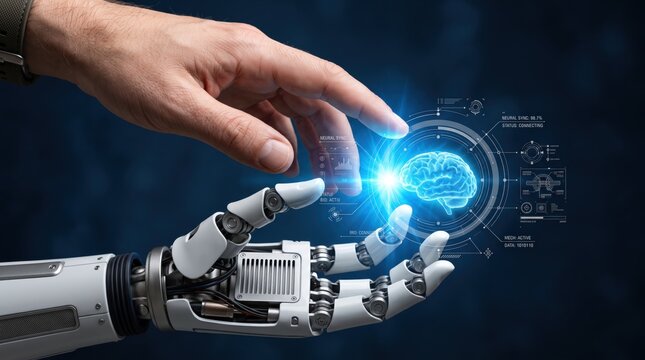 Robotic hand holding digital brain, AI collaboration, human machine interface, future technology concept, neural network connection