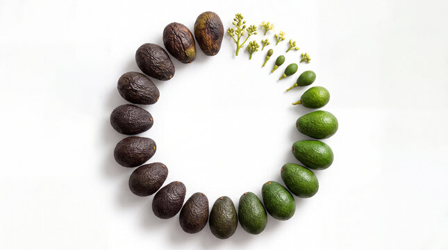 Avocado life cycle concept arranged in a circle from blossom to ripe fruit and decay stage, studio flat lay top view on white background with copy space