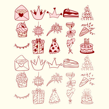 Cute Birthday Party Hand Drawn Doodle Icons Set Vector Illustration