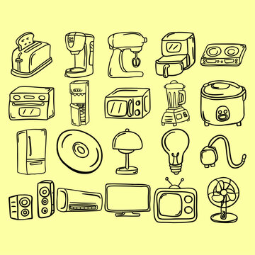 Home Appliances Hand Drawn Line Art Doodle Set Vector Illustration