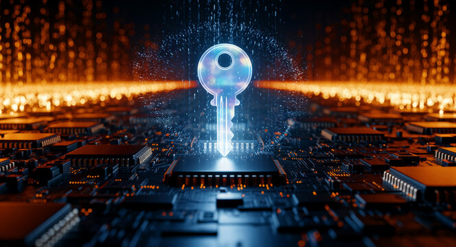 Glowing digital key hovering over a computer circuit board. Cyber security concept with data encryption and light particles. Privacy protection theme, ideal for network safety and IT marketing.