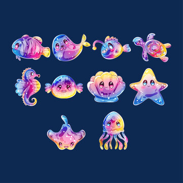 Rainbow Magical Sea Life Marine Animals Clip Art Set