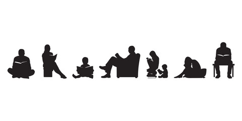 Reading people silhouette collection with men women and children reading books in various seated poses