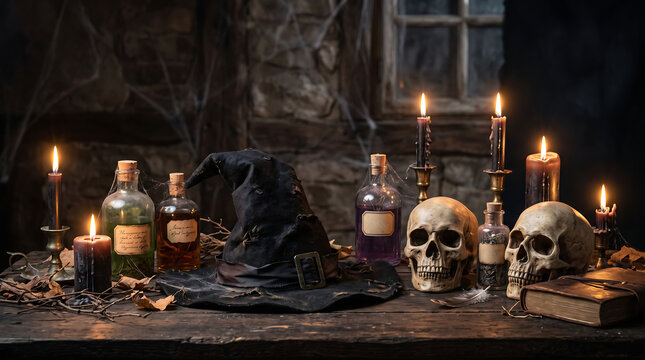 Spooky Halloween Witch's Altar with Human Skulls, Potion Bottles, Magic Hat and Flickering Candles