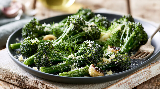 Roasted broccolini with garlic and parmesan on a rustic plate, healthy side dish