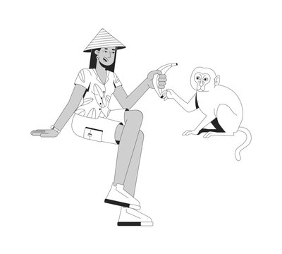 Indonesian woman feeding macaque banana line art character. Ecotourism experience. Southeast asian girl offering wild monkey fruit isolated vector outline person. Black and white spot illustration