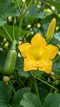 Fresh vibrant yellow zucchini flower blooming next to green zucchini fruit on healthy plant