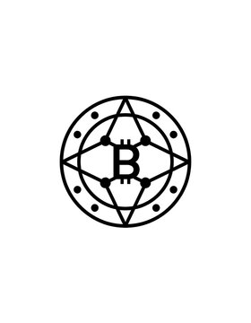 Bitcoin cryptocurrency symbol inside stylized decorative sunburst badge with currency blockchain sunburst financial
