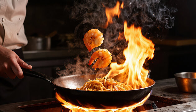 Chef Cooking Shrimp Pasta with Flames in a Frying Pan