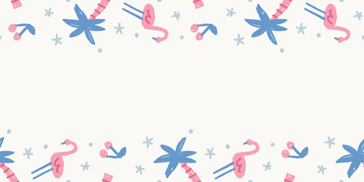 Horizontal seamless border background banner template with hand drawn flamingo palm trees and cherries
