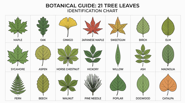 Botanical Guide: 21 Tree Leaves Identification Chart