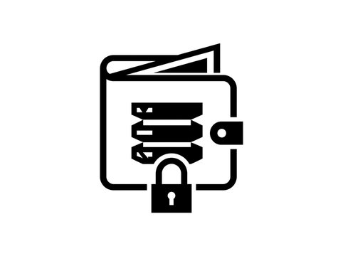 Wallet with secured server stack and padlock icon security protection database financial encryption information
