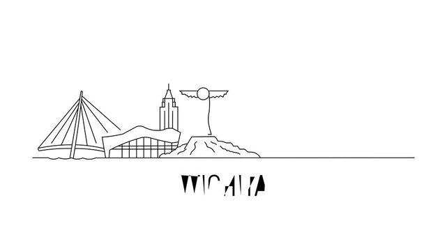 Line art depicts Wichita's skyline and landmark