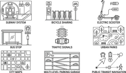 Obraz premium Urban public transportation, smart city infrastructure, and eco-friendly mobility outline icon set for map navigation