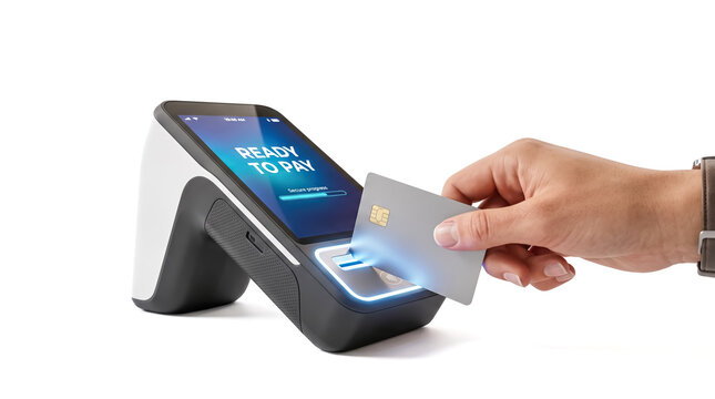 Payment terminal credit card pos machine wireless nfc technology hand paying contactless isolated white background commercial banking finance retail transaction device electronic