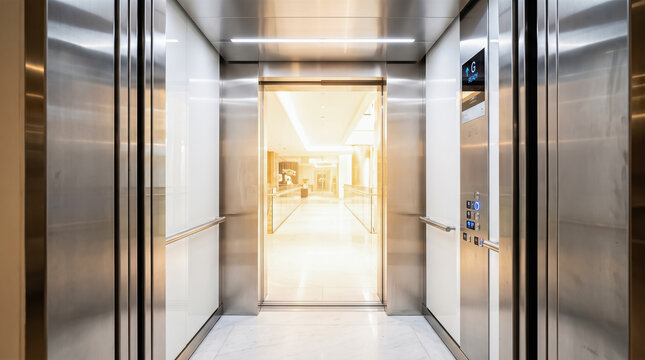 open metal elevator doors revealing bright modern luxury hotel lobby interior empty spacious hallway glowing warm morning sunlight arriving destination floor