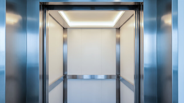 empty modern elevator cabin interior stainless steel metal walls glowing ceiling light closed doors corporate office building transportation floor indoor architectural