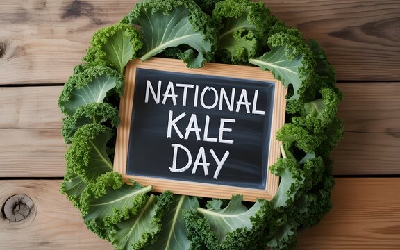 National kale day chalkboard sign surrounded by a wreath of fresh green curly kale leaves