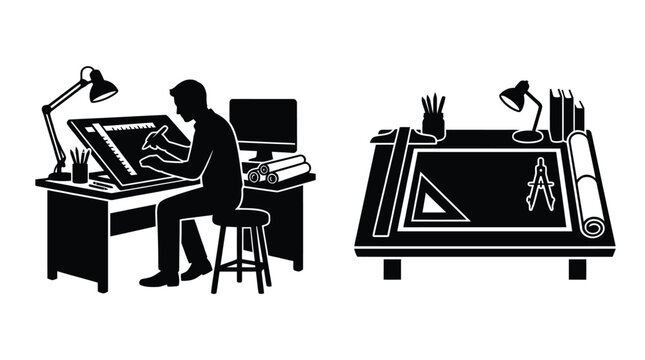 Architectural workstation silhouette with drafting tools and computer black and white