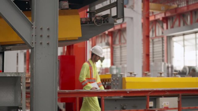 Enginee and production technicians evaluate manufacturing machinery, discussing repair strategies, identifying production bottlenecks, implementing practical solutions, improving equipment efficiency,