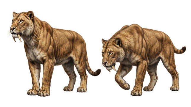 Smilodon , powerful and majestic, stand as a testament to ancient wilderness, their iconic fangs glinting under an unseen sun.
