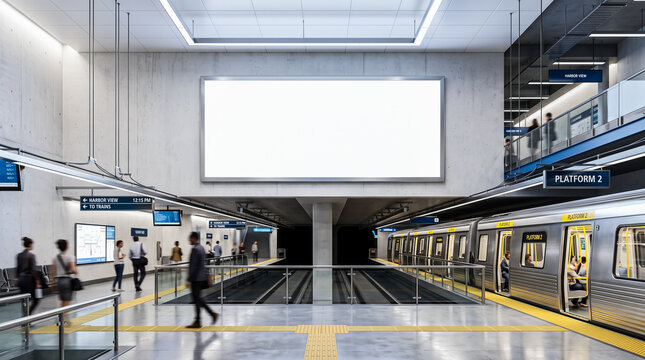 Extremely wide landscape blank white advertising screen suspended above parallel railway tracks inside modern concrete transit terminal alongside waiting diverse daily commuters