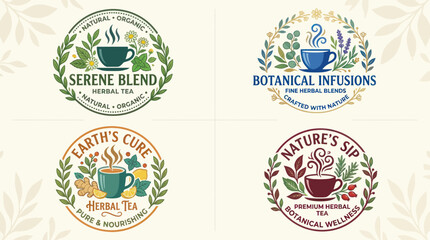 Obraz premium Set of 4 Herbal Tea Logos with Botanical Elements - Natural Organic Blends for Wellness and Serenity