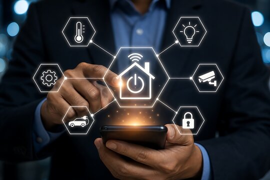 Businessman using smartphone with smart home and iot icons floating above