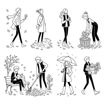 Illustrations of people in autumn activities with vector isolated illustrations set  9 pcs