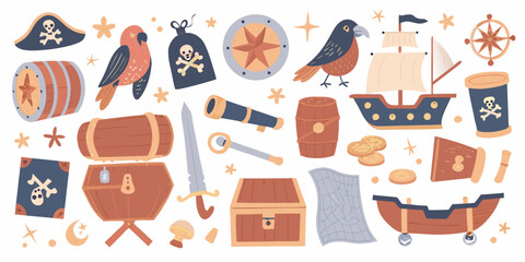 Pirate Themed Illustration Set With Ships Treasure And Accessories © Bijoy