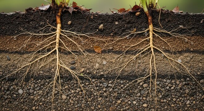 Close-up of young plant roots growing in soil. Seedling development and healthy root system. Agricultural and gardening concept.