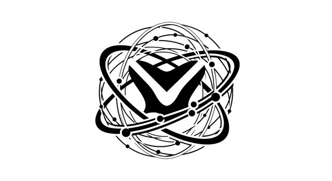 Abstract atomic orbital logo with V symbol.