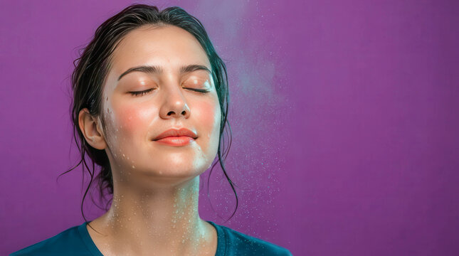 Minimal portrait of a peaceful young woman with closed eyes against a vibrant pink background. Calm expression symbolizes mindfulness, meditation, inner balance, relaxation and emotional wellness.