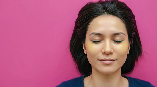 Minimal portrait of a peaceful young woman with closed eyes against a vibrant pink background. Calm expression symbolizes mindfulness, meditation, inner balance, relaxation and emotional wellness.