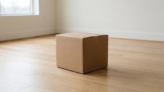 Cardboard box on wooden floor in empty room for house moving concept