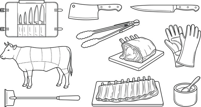 Butcher Shop and BBQ Meat Preparation Equipment Icon Set with Beef Cuts Diagram for Steakhouses, Butchery Graphic Designs, Menus, and Cooking Websites