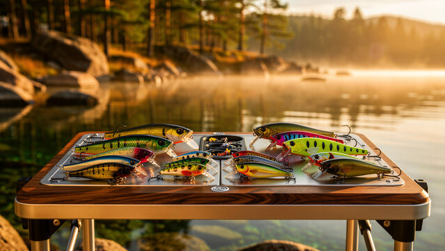 Colorful fishing lures on a table by a misty lake at sunrise. Various crankbaits and tackle arranged for an angling session. Sport fishing concept for outdoor recreation and gear marketing.