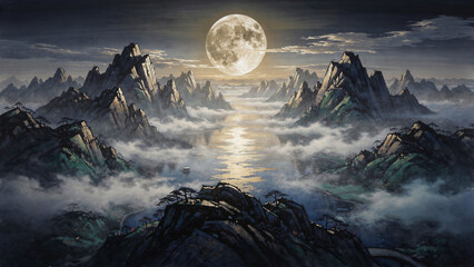Obraz premium Full moon rising over majestic mountain peaks and a misty river valley. Atmospheric digital painting of a serene fantasy landscape with fog. Zen nature concept, ideal for meditation and fantasy art.