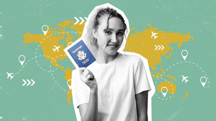 Young woman holds passport with travel map in background showing flight routes and destinations © fotofabrika