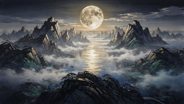 Full moon rising over majestic mountain peaks and a misty river valley. Atmospheric digital painting of a serene fantasy landscape with fog. Zen nature concept, ideal for meditation and fantasy art.