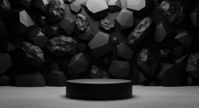 Abstract black rocks and stones with a pedestal display. Modern minimalistic design for industrial or artistic themes.