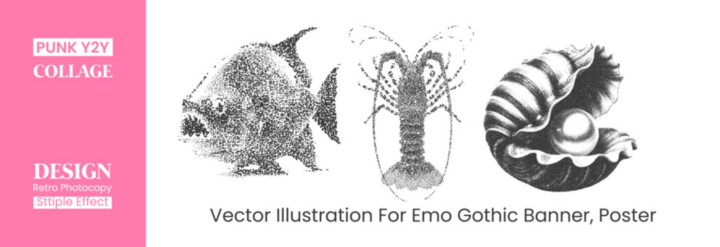 Punk y2k collage vector illustration with stipple effect featuring a piranha, a lobster, and a pearl in a shell for emo gothic banner and poster design